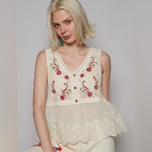 NEW POL Crochet Embroidered Floral Tank Top • Boho V-Neck Beach Summer OS